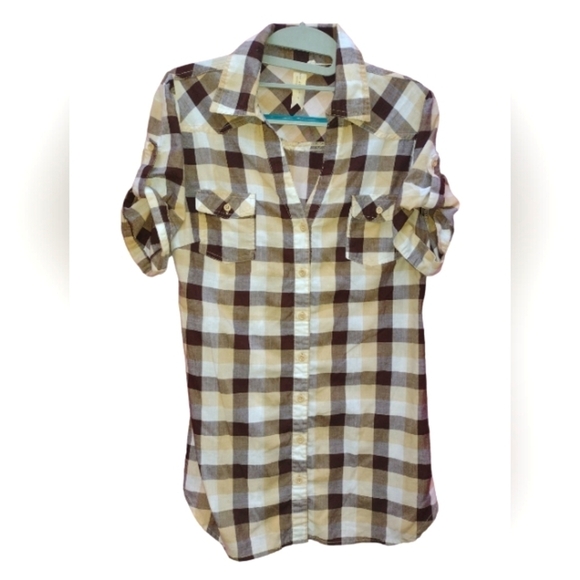 MISS ASHLEY Small Plaid Button Down Rolled Tab Sleeve Cotton Auction - Picture 1 of 1
